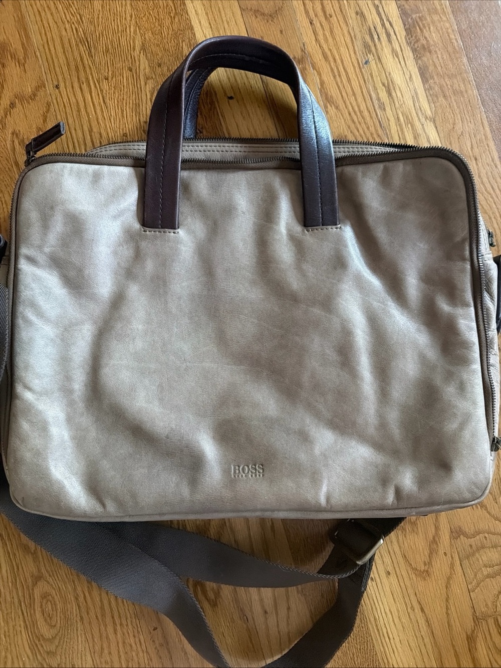 Boss Beige Canvas Laptop Bag with Brown Leather Handles